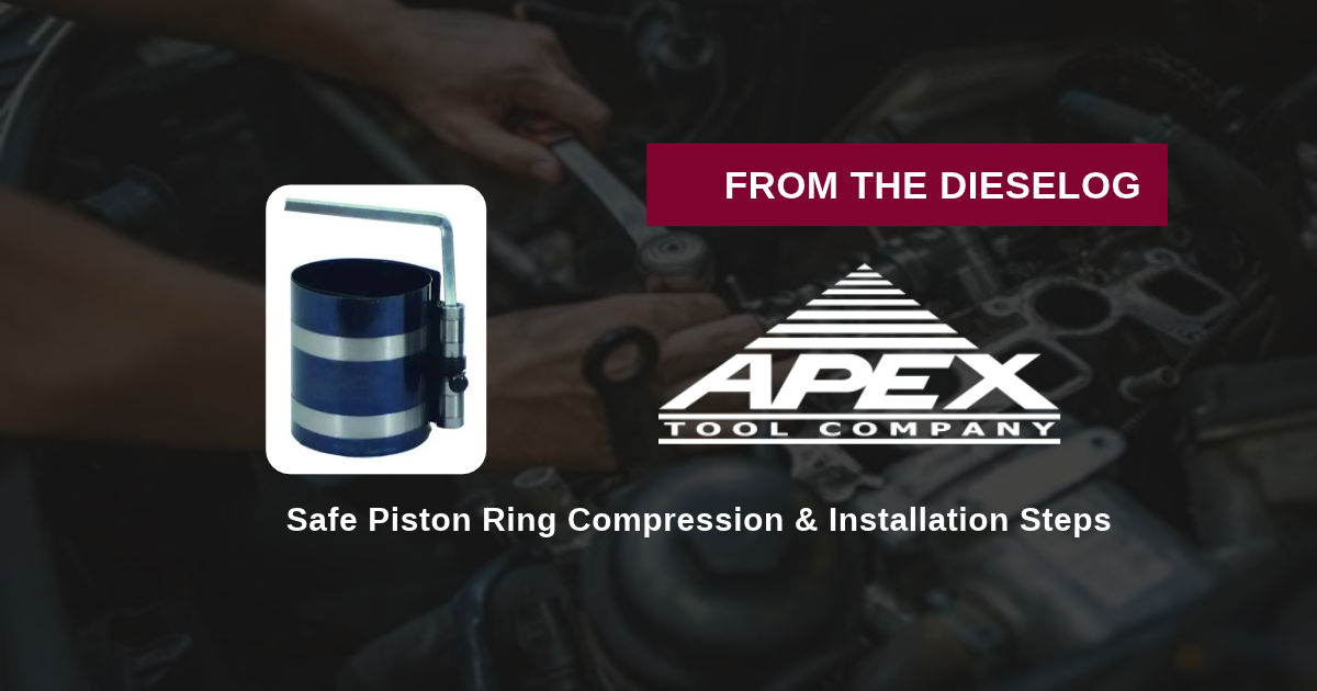Step-by-step close up layout of Apex two-band piston ring compressor seated flush on an engine block deck